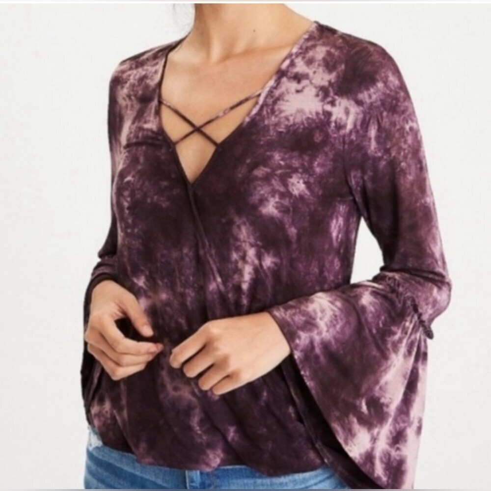 American Eagle Soft & Sexy Purple Tie Dye Bell Sleeve Strappy Wrap Top XS